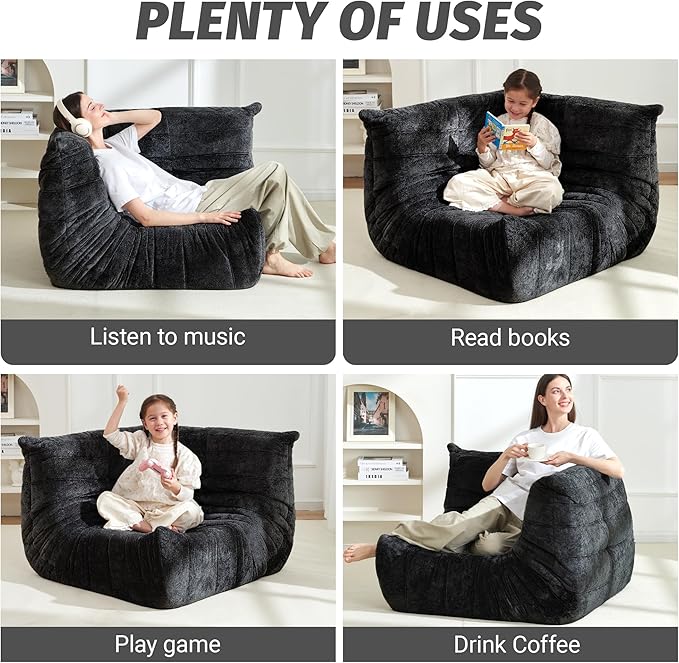 Homguava Bean Bag Chair, Giant Beanbag Chairs for Adults, Memory Foam Fireside Chair, Large Lazy Floor Sofa, Sofa Couch with High-Rebound Foam, Lounge Chair for Living Room, Bedroom (Black, Corner)