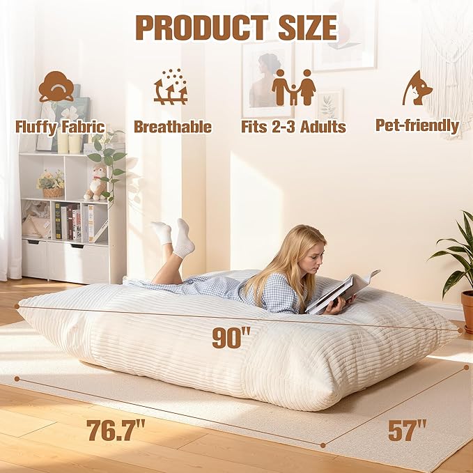 nalone 4-in-1 Giant Bean Bag Chair for Adults, 6.4 FT Memory Foam Filled Beanbag Chair, Floor Sofa Bed with Fluffy Washable Flannel Cover, Lounge Couch for Bedroom, Living Room (White)