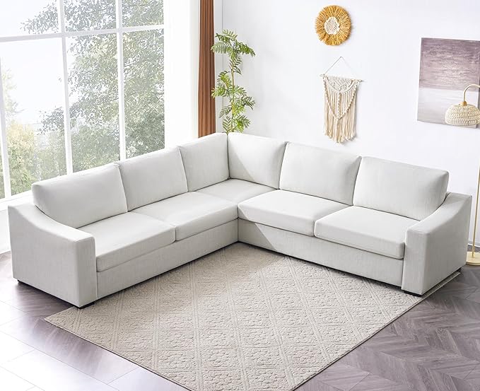 ELUCHANG Convertible Sectional, L-Shaped Couch with Extra Deep Seats, Natural Linen Fabric Comfy Modern Corner Sofa for Living Room, Office, White