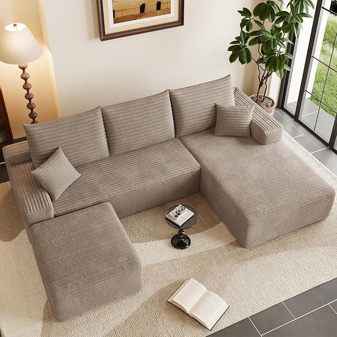 95" U-Shape Cloud Couch, Modern Modular Sectional L-Shape Sofa with Ottoman, Corduroy Upholstered Couches Deep Seat Sleeper Chaise Longue for Living Room, No Assembly Required(Camel, Right Facing)