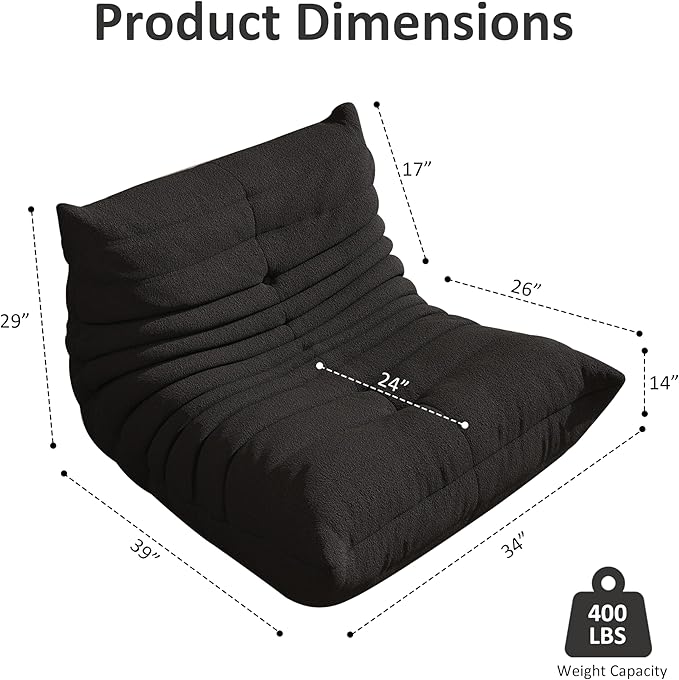 Bean Bag Chair, Oversized Bean Bag Chair for living Room, Fireside Chair for adults with Memory Foam Filled, Big Accent Sofa Lounge Floor Sofa for Gaming, Reading, Relax, No Assembly Required. (Black)