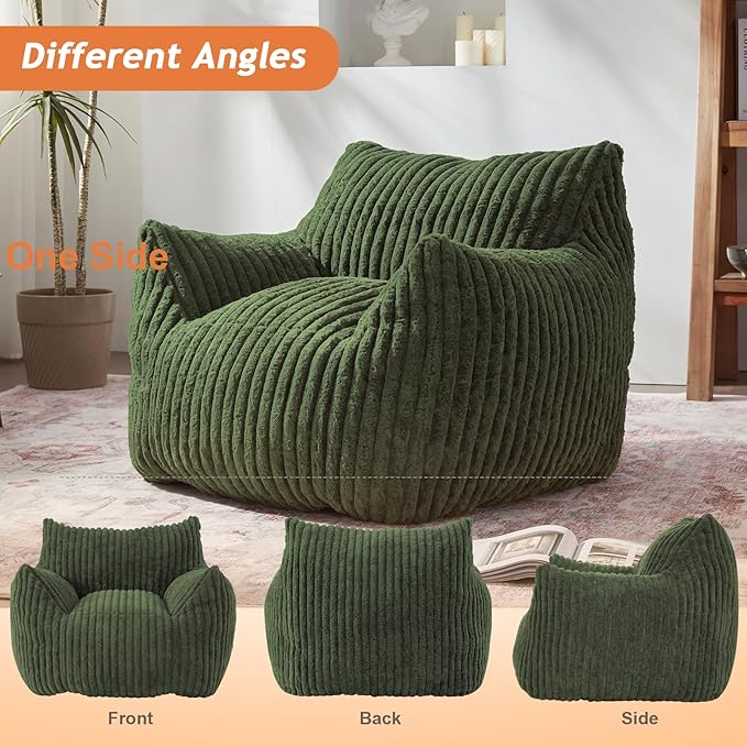 Giant Bean Bag Chairs for Adults with Filling Plush Fluffy Bean Bag Chairs for Teens with Armrests Comfy BeanBag Lazy Couch Sofa Chair for Bedroom Living Room Reading (Green, M-for Teens/Adults)