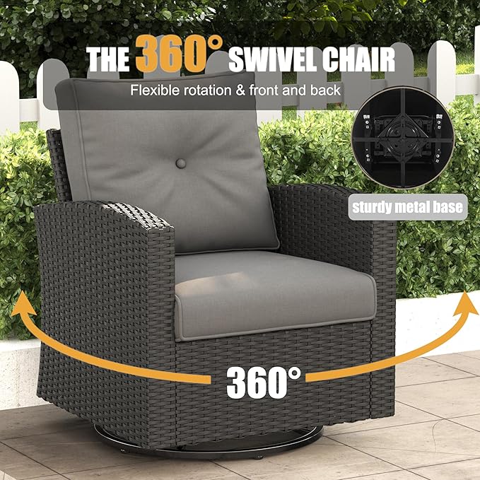 LayinSun 15 Pieces Patio Furniture Set with Fire Pit Table, Black Rattan Modular Sectional Outdoor Conversation Sofa Set, Swivel Rocking Chairs Set