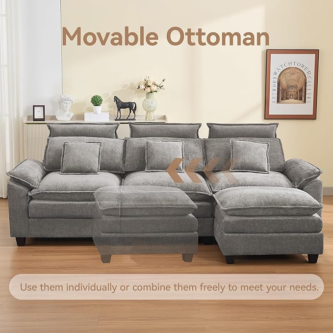 103'' Cloud Modern 3 Seater Couch with Detachable Headrest, Modular Sectional Sofa with Ottoman, Oversized L Shape Chenille Comfy Sofa with Armrests for Living Room, Light Grey