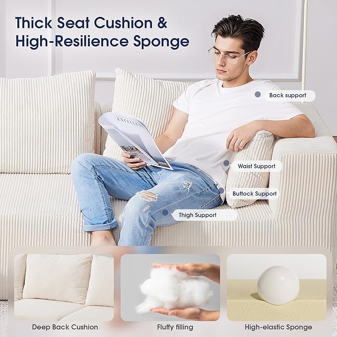 KINGYES 135'' Modular Sectional U Shaped Sofa, Upholstered Corduroy Boneless Couch Cloud Couch for Living Room, Beige