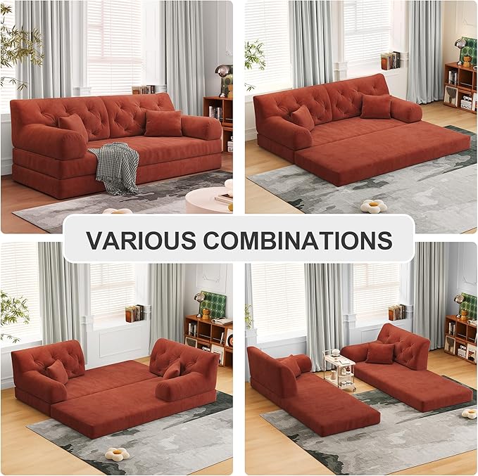 Carzzi-Life 79" Convertible Sofa Bed with Pillows, Corduroy Folding Sleeper Sofa with Fixed-Shape Frame, Boneless Couch for Living Room Bedroom, Floor Sofa Lounge No Assembly Required (Orange)