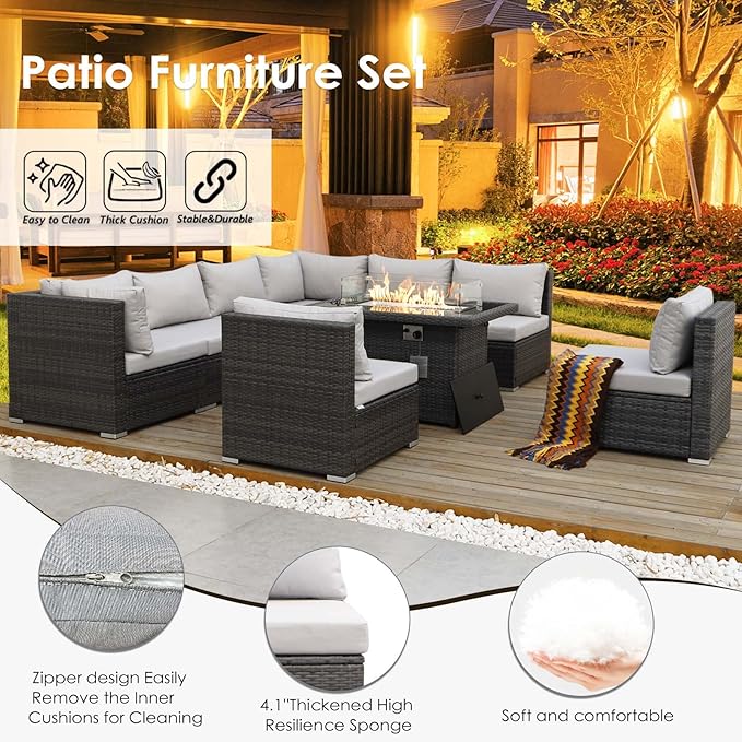 RADIATA 9 Piece Wicker Patio Furniture Set with Fire Pit, All-Weather Outdoor Sectional Couch High Back Large Size, Modular Backyard Seating Sofa Set with Propane/Natural Gas Firepit Table, Light Grey