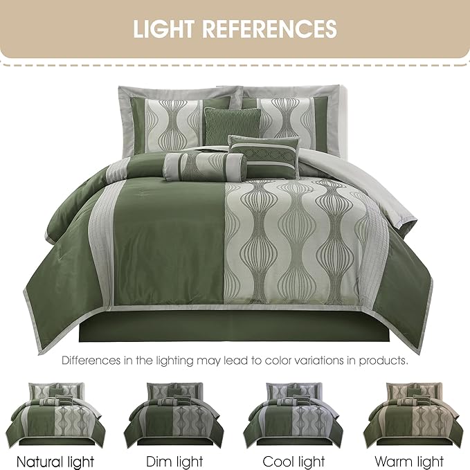 Grand Avenue 7 Piece Green Comforter Set, California King Size Jacquard Bedding Set, All Season Geometric Patchwork Bedding Set, Matching Pillows, Shams, Bed Skirt