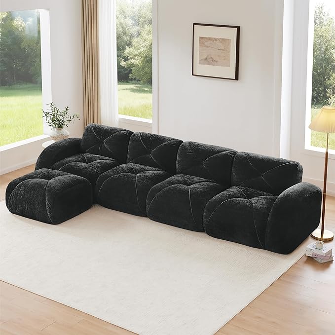 Modular Sectional Sofa with Free Combination,Oversized Boneless Floor Couch for Living Room & Lounge,Velvet 4-Seater Sectional Couch with Ottoman,No Assembly Needed