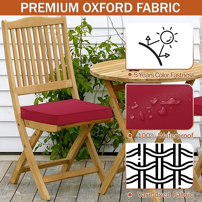 Outdoor Chair Cushions 16 x 17 Inch, Set of 4, Waterproof Patio Chair Cushions with Tie 5 Year Color Fastness Thick Outdoor Seat Cushion for Garden Lawn Patio Furniture Burgundy