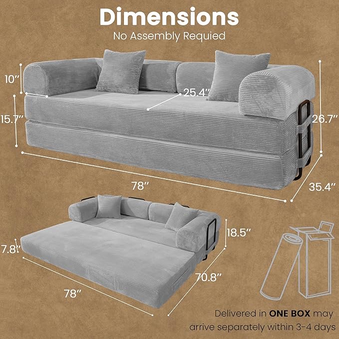 79" Convertible Sofa Bed, Boneless Corduroy Sleeper Foldable Modular Couch, Memory Foam Compressed Sofa in A Box, Folding Mattress Floor Couch for Small Space Living Room Apartment Bedroom, Light Gray
