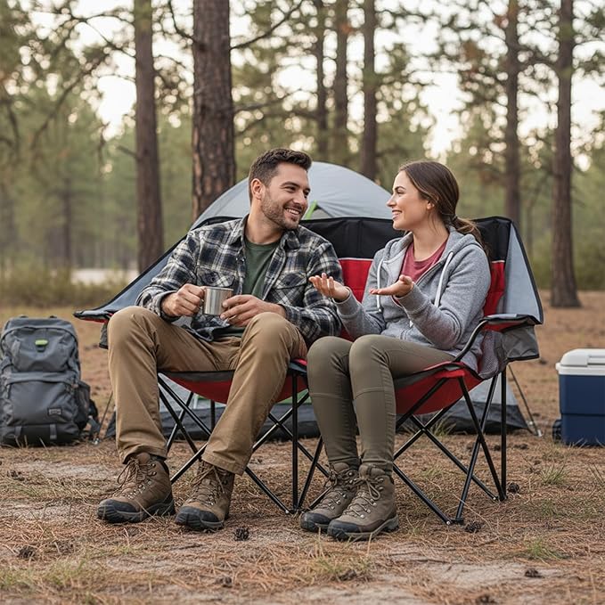 Double Camping Chair Outdoor 2-Seater Oversized 2 Person Portable Folding Lawn Chair with Cup Holders & Mesh Storage Pocket for Picnic, Camping, Beach, Sports, Hiking