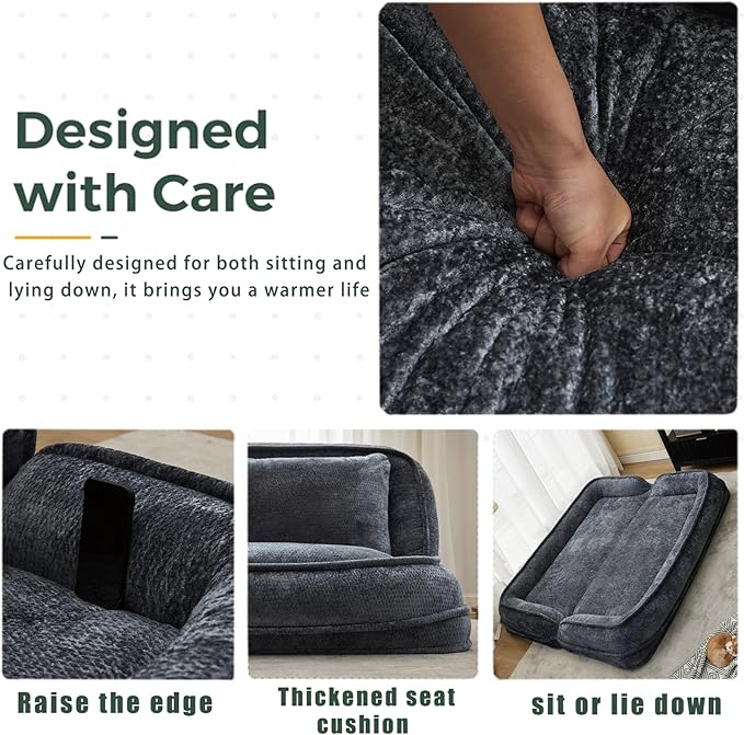 Foldable Lazy Sofa Bed, Chenille Upholstered Human Dog Bed for Adults, 2 in 1 Convertible Floor Sofa with 5 Adjustable Backrest Positions and Soft Cushions for Living Room (Dark Gray)