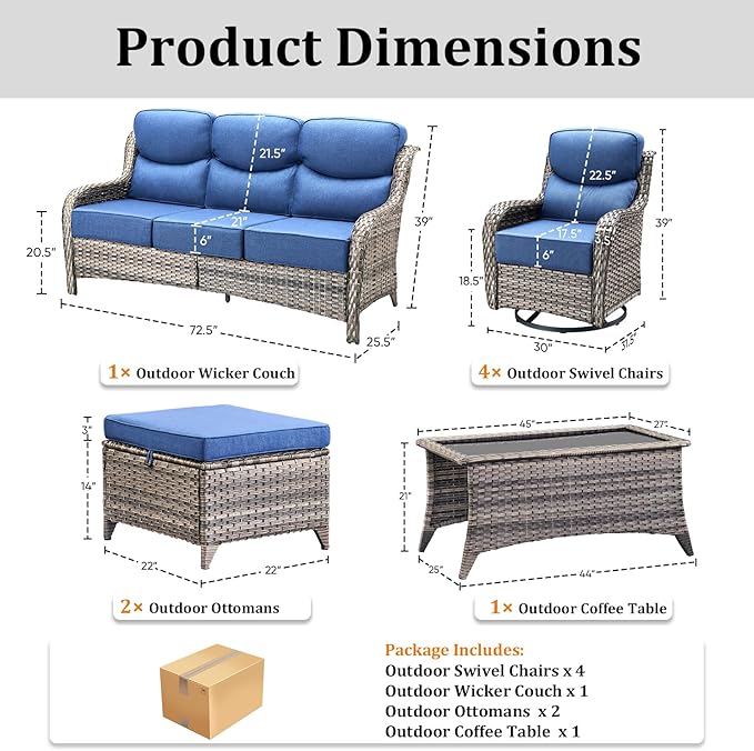 Pugire Luxury High Back Patio Furniture Set with 6-Inch Thick Cushions, 8-Pieces Outdoor Furniture with Swivel Chairs, Wicker Conversation Set for Porch, Balcony, Deck and Yard, Grey/Blue