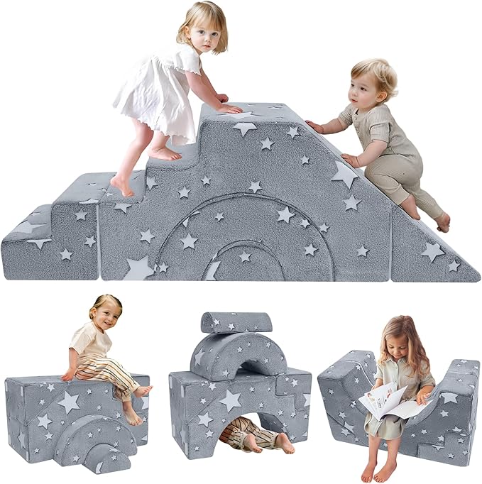 MeMoreCool Toddler Foam Climbing Couch – Modular Kids Sofa with Slide & Stairs | Convertible Sectional Play Couch for Babies & Toddlers, Glow‑in‑The‑Dark Stars, Soft Foam Playroom Furniture