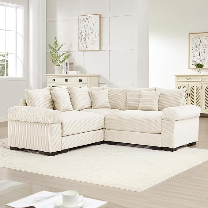 KEIKI 79" L-Shaped Oversized Corduroy Modular Cloud Sectional Sofa with High-Density Foam Cushion, Extra-Thick Armrest, Convertible 3-Seater Fluffy Corner Couch with 10 Pillow, for Living Room, Beige