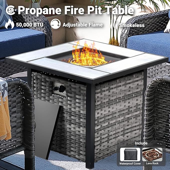 ovios 4 Pieces Patio Furniture Set with 30" Fire Pit Table, Outdoor Wicker Chairs of 4, All Weather High Back Rattan Chairs 4-Seater with Comfy Cushions, Denim Blue