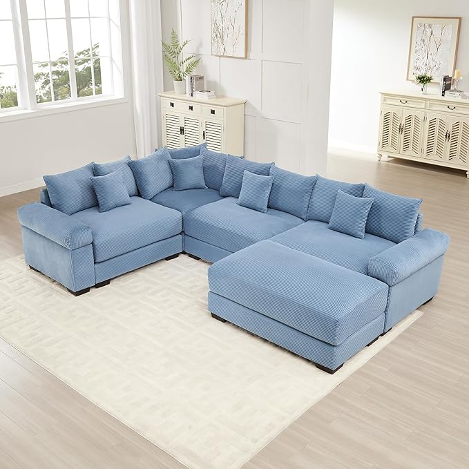 KEIKI 117" U-Shaped Oversized Corduroy Modular Cloud Sectional Sofa with 1 Ottoman, High-Density Foam Cushion, Extra-Thick Armrest, 4-Seater Fluffy Corner Couch with 14 Pillow, for Living Room, Blue
