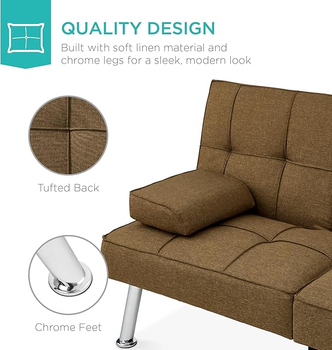 Best Choice Products Linen Modern Folding Futon, Reclining Sofa Bed for Apartment, Dorm w/Removable Armrests, 2 Cupholders - Brown
