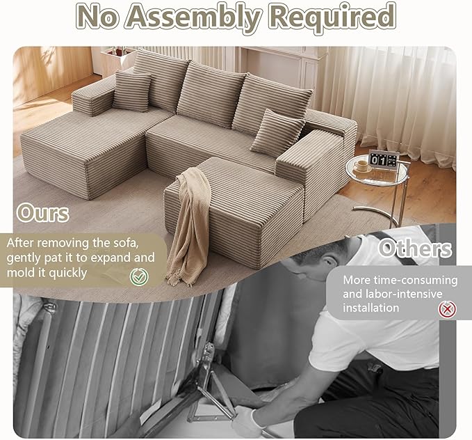 Lakifun 107" L-Shape Sofa with Ottoman, Modern Modular Sectional Comfy U-Shape Cloud Couch, Deep Seat, Upholstered Corduroy Sleeper Chaise Longue for Living Room Bedroom, No Assembly Required, Camel