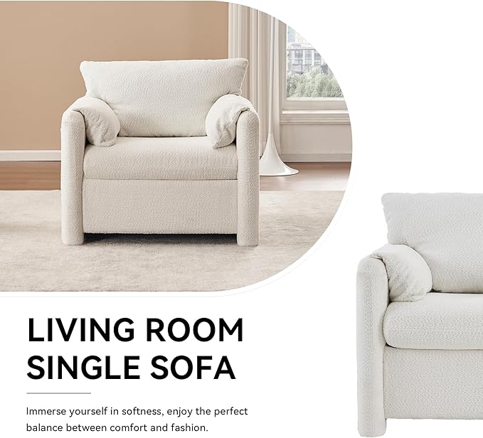 Plush Chenille Accent Chair - Modern Single Seater with High-Resilience Cushion, Compact Reading Chair for Living Room, Bedroom, Dorm Room, Ivory White