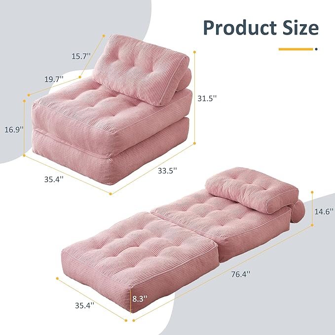 Afuson Folding Chair Bed, Futon Sofa Bed, Floor Couch for Adults Chair for Living Room, Lounge Sofa, Convertible Sofa Bed, Small Couches for Small Spaces, Pink