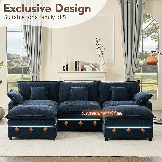 GOSUHI 108" U Shaped Couch, Modular Sectional Sofa, 3-Seater Comfy Cloud Couch with Movable Ottoman, Deep Seat Couches for Living Room, Chenille, Navy