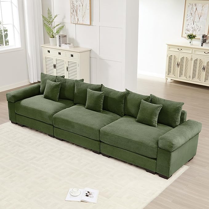 KEIKI 130" Oversized Corduroy Modular Cloud Sectional Sofa with High-Density Foam Cushions, Extra-Thick Armrest, Upholstered Modern 3-Seater Fluffy Corner Couch with 9 Pillow, for Living Room, Green