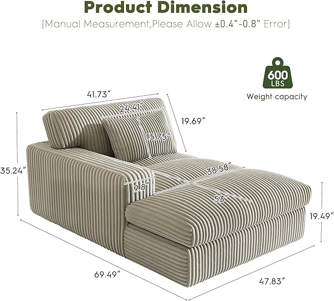 Oversized Chaise Lounge Sofa Chair Indoor，Soft Corduroy Fabric, Boneless sofawith Cushion，A Comfortable, deep-Seated Cloud Sofa for use in The Living Room.(Singler-Left-arm-Gray)
