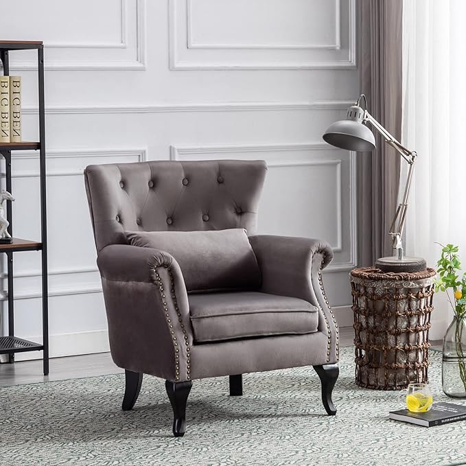 LZAREAL Accent Reading Arm Chairs Set of 2 for Living Room Bedroom, Midcentury Modern Comfy Corner Sofa Chair, Wingback Waiting Room Club Chair with Button Tufted Back &Lumbar Pillow, Velvet Grey