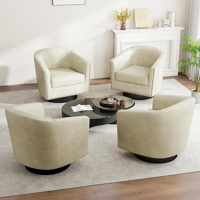 DREAMSIDEA Swivel Barrel Accent Chair, Comfy Modern Upholstered Round Faux Leather Arm Chair for Living Room, Bedroom（Beige, Set of 4