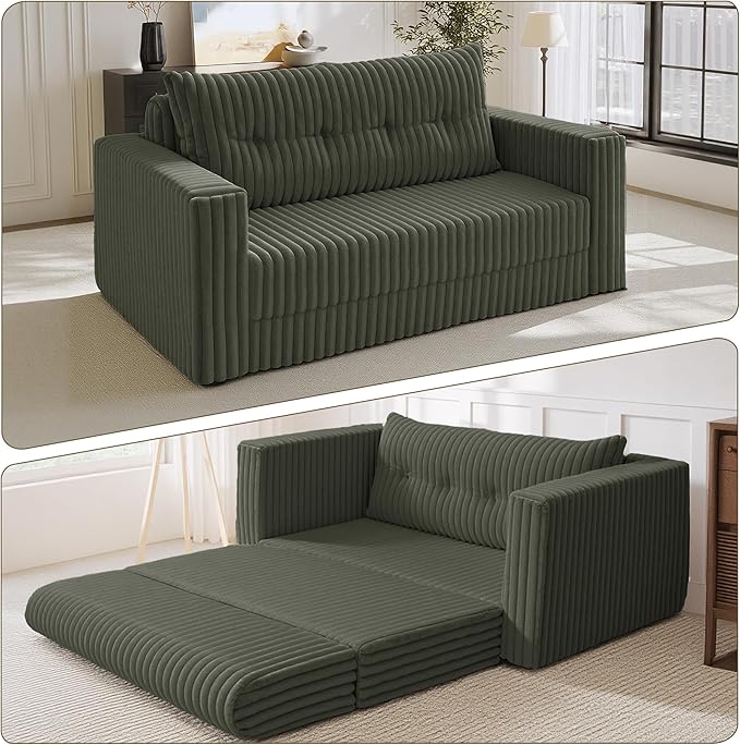 HABUTWAY Folding Sofa Bed, 2 in 1 Convertible Sleeper Chair with Pillow, Portable Fold Out Chair Bed with Armrest, Comfy Floor Couch, Lazy Sofa for Living Room Bedroom Dorm Home Office, Green