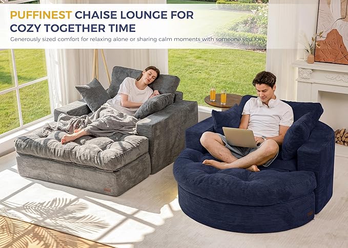 MAXYOYO Modular Sectional Chaise Lounge Sofa, 2 Sets Upholstered Lounge Chair with Ottoman, Comfy Round+ Square Couch with Layered Cushion, Tufted Sleeper Chair for Living Room, No Assembly, Navy