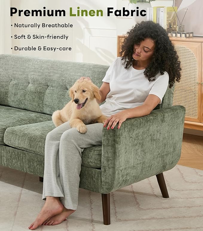 Tbfit 77.2" W Linen Sofa Couch, Mid Century Modern Decor Loveseat Couches for Living Room, Button Tufted Upholstered Small Couch for Bedroom, Solid, and Easy to Install Love Seats Furniture, Green | linen fabric, button tufted, solid wood foot, pocket ...
