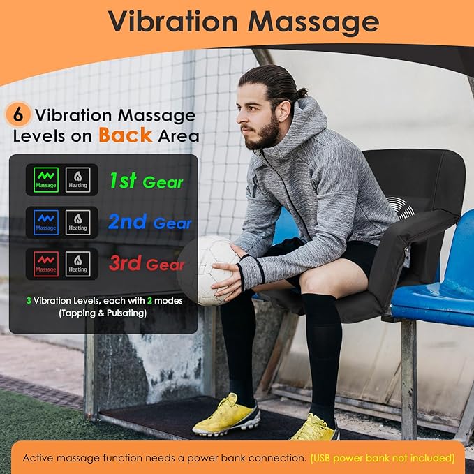 HOPERAN Massage Heated Stadium Seats for Bleachers with Back Support & Lumbar Pillow, 3 Level Heating & 6 Modes Massage Portable Heated Stadium Chairs for Bleachers