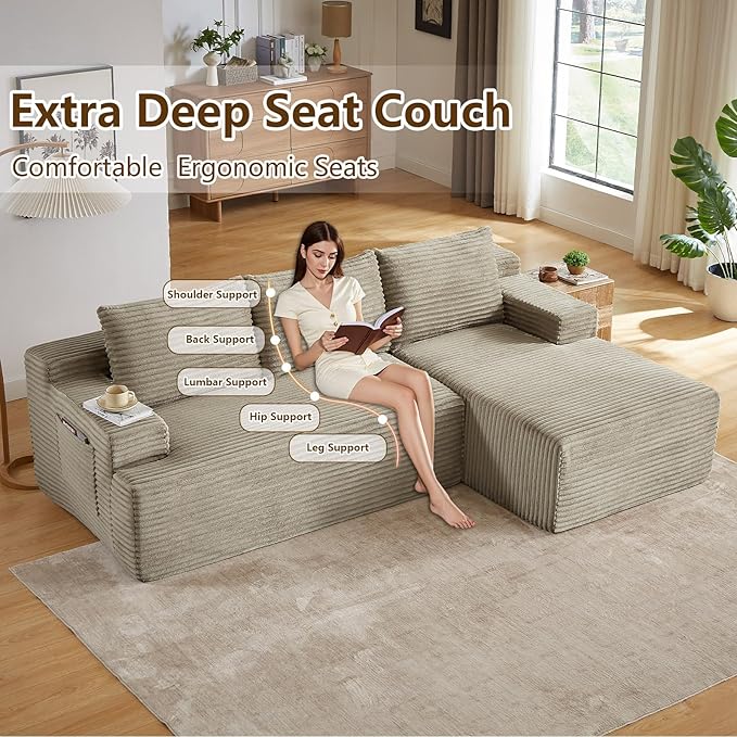 96.1" Modular Sectional Sofa Couches L-Shape Couch 3 Seat Modular Sofa Corduroy Memory Foam Sectional Boneless Couches for Living Room, Cloud Couch with Oversized Chaise(Camel, Right Facing)