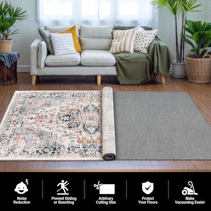 TREETONE 2’ x 8' - 1/8" Thick Felt and Rubber Rug Pad Gripper for Hardwood Floors, Non Slip Cushion Rug Pads for Area Rugs and Tile Floor Protection, Under Carpet Anti Skid Mat