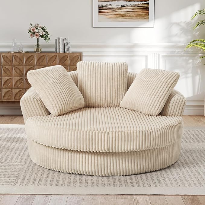 61"W Oversized Round Chaise Lounge Chair Indoor, Upholstered Corduroy Large Circle Boneless Chair with Deep Seat, No Assembly Required, Modern Comfy Cloud Sofa Chairs for Living Room, Bedroom(Beige)