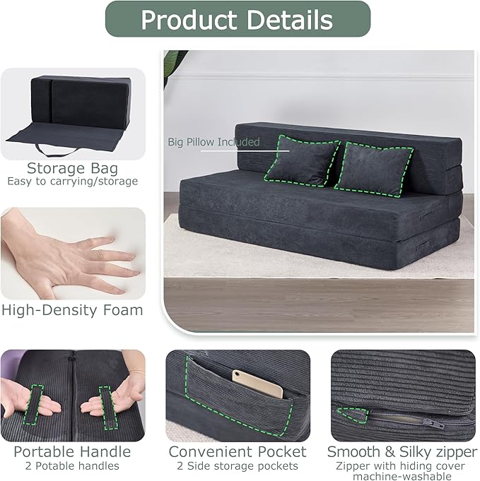 HILERO Folding Sofa Bed, 4 in 1 Convertible Sleeper Chair with Pillow, Queen Memory Foam Fold Out Chair Bed, Modern Floor Futon Sofa Couch Mattress for Living Room/Guest/Apartment, Dark Grey
