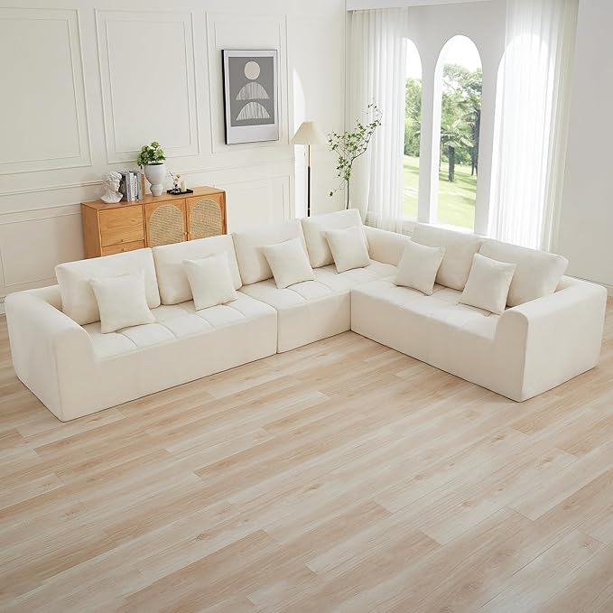 140'' Boneless Modular Couches for Living Room, Compressed Cloud Sectional Modern Sofa, L Shaped 6 Seater Upholstered Memory Foam Oversized Sofa, No Assembly, Chenille Beige