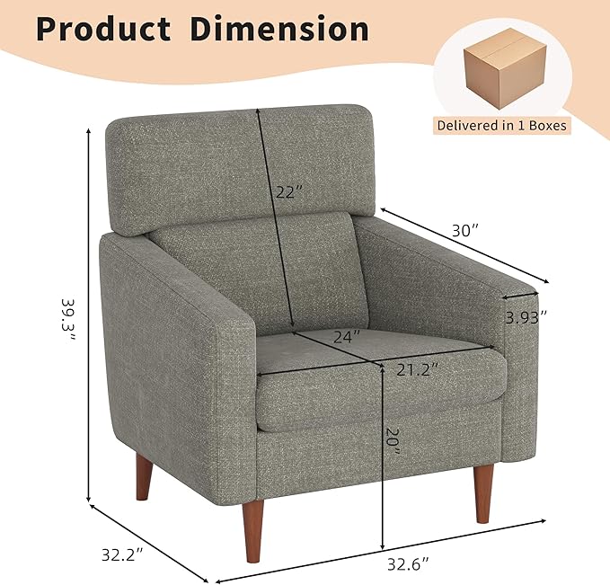 EJUNQ Mid-Century Accent Chair,Fabric Modern Reading Living Room Chairs, Upholstered Armchair with Wood Legs，Cozy Reading Chair for Living Room，Bedroom（Grey