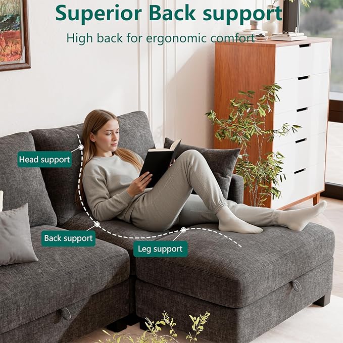 Modular Sectional U Shaped Sofa Couches for Living Room, Cloud Couch with Storage Ottoman, Comfy Chenille Sofa with Pillow, Dark Gray