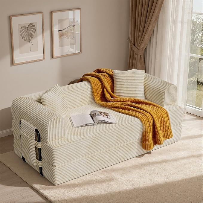 Convertible Coarser Corduroy Sleeper Sofa Bed with Cylindrical Pillow, Folding Mattress Couch with Fixed-Shape Frame, Floor Sofa Lounge Couch for Living Room Bedroom Lounge Studio, Beige