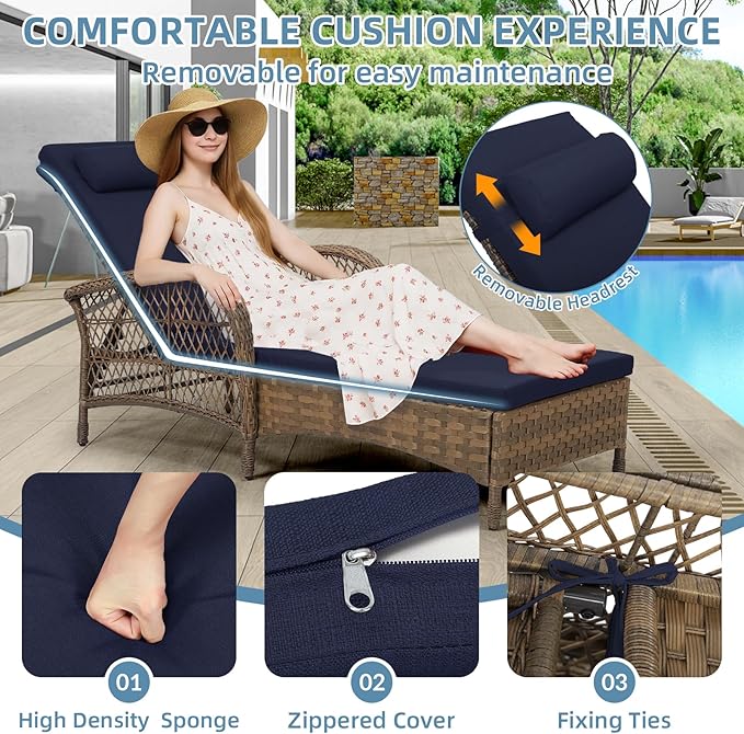 WINGTU Outdoor Chaise Lounge Chair with Side Table, All Weather PE Rattan Patio Lounge Chair with Cushion, 6-Positions Adjustable Pool Sunbathing Recliner for Poolside, Armrest & Pillow, Navy Blue