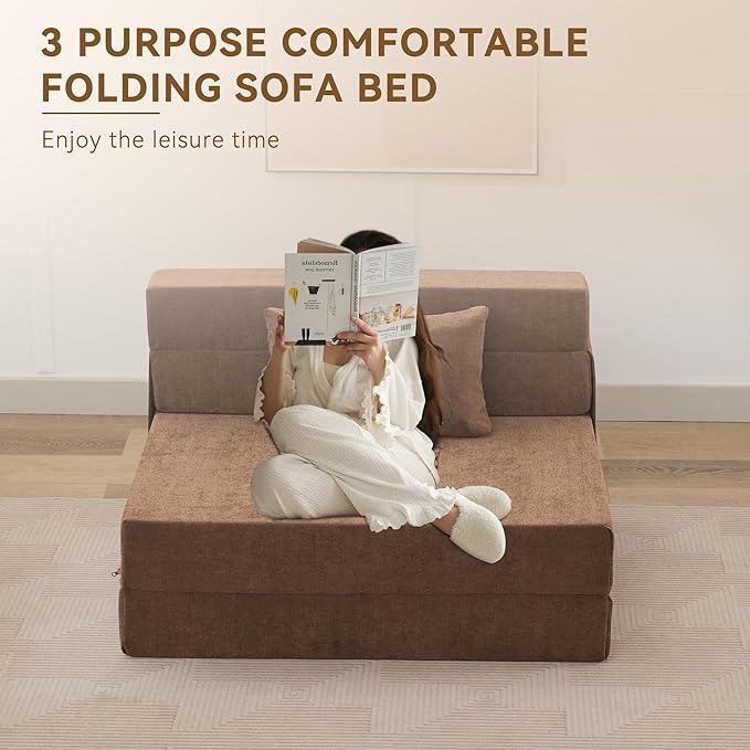 WUTUTUEE Folding Sofa Bed Convertible Floor Couch Foldable Chair Bed with Pillow，Linen Sleeper Chair Futon,Foldable Memory Foam Mattress for Bedroom/Living Room/Dorm/Office (Brown, Standard)