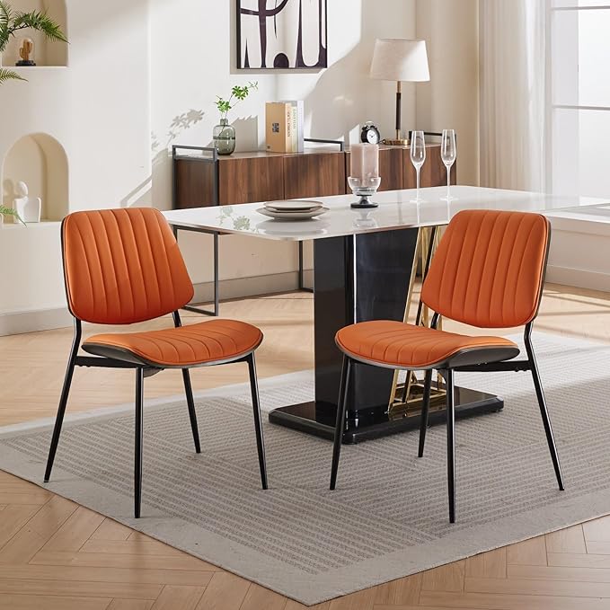 YaFiti Dining Chairs Set of 2, Mid Century Modern Dining Room Chairs, Upholstered PU Leather Vertical Stripe Kitchen Chair with Walnut Bentwood and Metal Legs, Orange