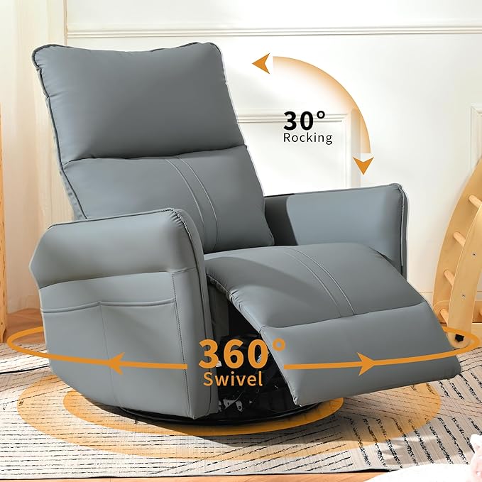 QKFF Glider Chair for Nursery, 360° Swivel Rocker Recliner with Side Pocket, Leather Manual Rocking Chair for Living Room, Bedroom, Small Spaces