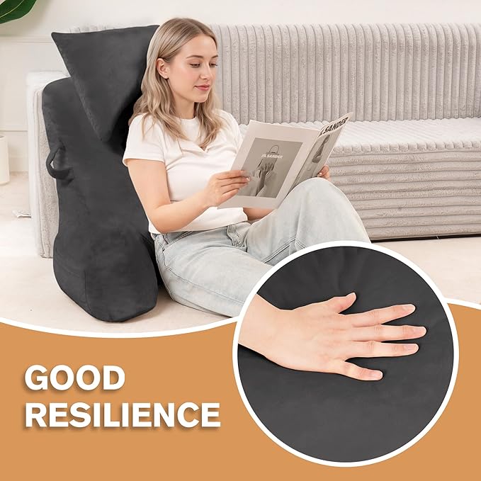 Unisakey Portable Reading Pillows with Headrest for Bed Sitting Up(Light Grey Oeko-Tex), Velvet Back Pillow with Arms & Pockets for Adults, Support Memory Foam Bed Pillow for Dorm/Watching/Gaming