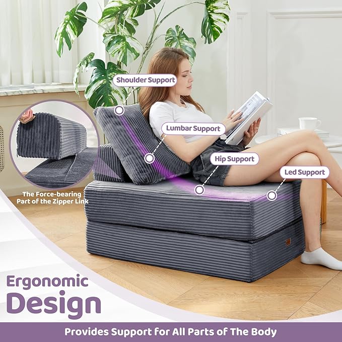 Folding Chair Bed, Convertible Sofa Bed with Backrest and Pillows,Fold Out Chair Bed with High-Density Foam, Perfect for Living Room 、Bedroom、Balcony 、Hotel 、Apartment ， Single, Dark Gray