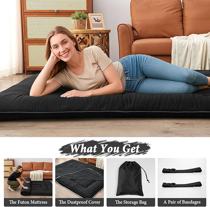 DAICO Japanese Floor Mattress, 4'' Thicken Futon Mattress Tatami Mat, Sleeping Pad Foldable Roll Up Mat for Camping and Guest Room, Twin Size 39''*80'', Black